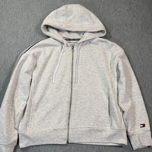 Tommy Hilfiger Hoodie Women Large Gray Full Zip Sweatshirt Sport Tape Logo Trim